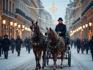 Horse-drawn Carriage on Festive Winter Street with Lights