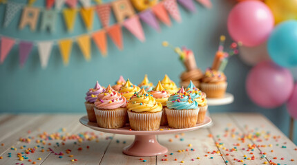 Colorful cupcakes with sprinkles in a festive party setting