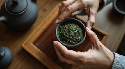 Preparing loose green tea in a rustic setting hands-only view