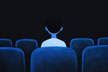 Solitary Figure in Blue Theater Seats in Dark Atmosphere