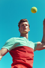 Tennis player focused on tossing ball under clear blue sky