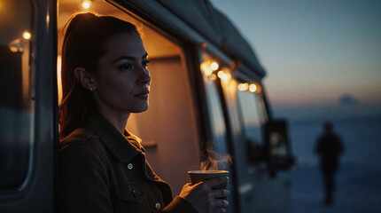 Tranquil Camper Evening, Relaxing with Warm Drink at Sunset