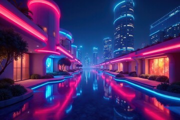 Obraz premium Neon lights illuminate futuristic architecture at night, progress, shine, night