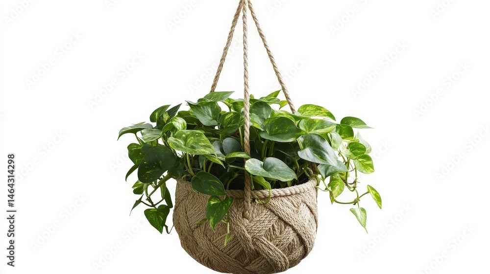 Poster a hanging plant pot with a macram rope design, perfect for adding greenery to small spaces or creati