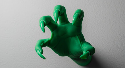 A close up of a hand with bright green claws sticking out from  a plain white wall