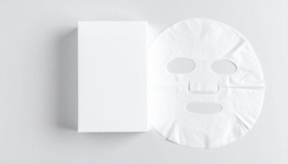 A white sheet mask and a blank rectangular box on a clean, minimalist background, suggesting skincare or beauty product packaging.