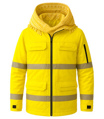 Bright Yellow High-Visibility Work Jacket with Reflective Stripes and Patterned Winter Scarf Isolated on White Background for Industrial Safety and Cold Weather Protection Use