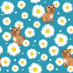 Chamomile flower with funny capybara on blue background