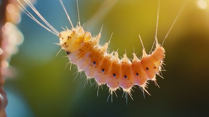 Fototapeta premium Closeup of a light orange caterpillar suspended.