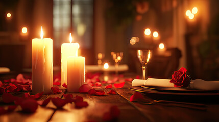 Romantic dinner setup. Candles burning brightly on table AI generative