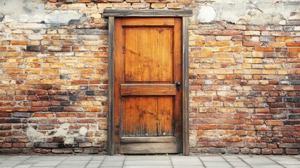 Unpainted wooden door frame set against newly built brick wall