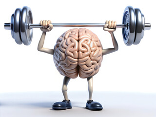 A cartoon brain is lifting a dumbbell. The cartoon brain is a representation of the importance of exercise for the brain. 3D rendered  brain like character engaging in a fitness activity.