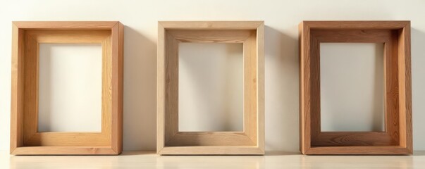 Group of square wooden picture frames, different shades of wood, clean background , natural wood, elegant, square