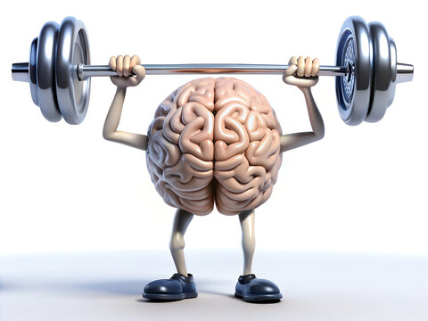 A cartoon brain is lifting a dumbbell. The cartoon brain is a representation of the importance of exercise for the brain. 3D rendered  brain like character engaging in a fitness activity.