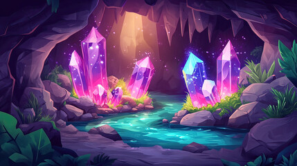 Crystal cave with water. Gem stones growing near river AI generative