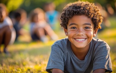A young boy is smiling and laying on the grass