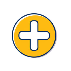 Plus sign icon in vibrant style on yellow circle background, simple concept, copy space