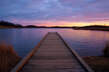 Fototapeta premium Walking on Wooden Pier Over Calm Lake at Sunset with Cloudy Sky