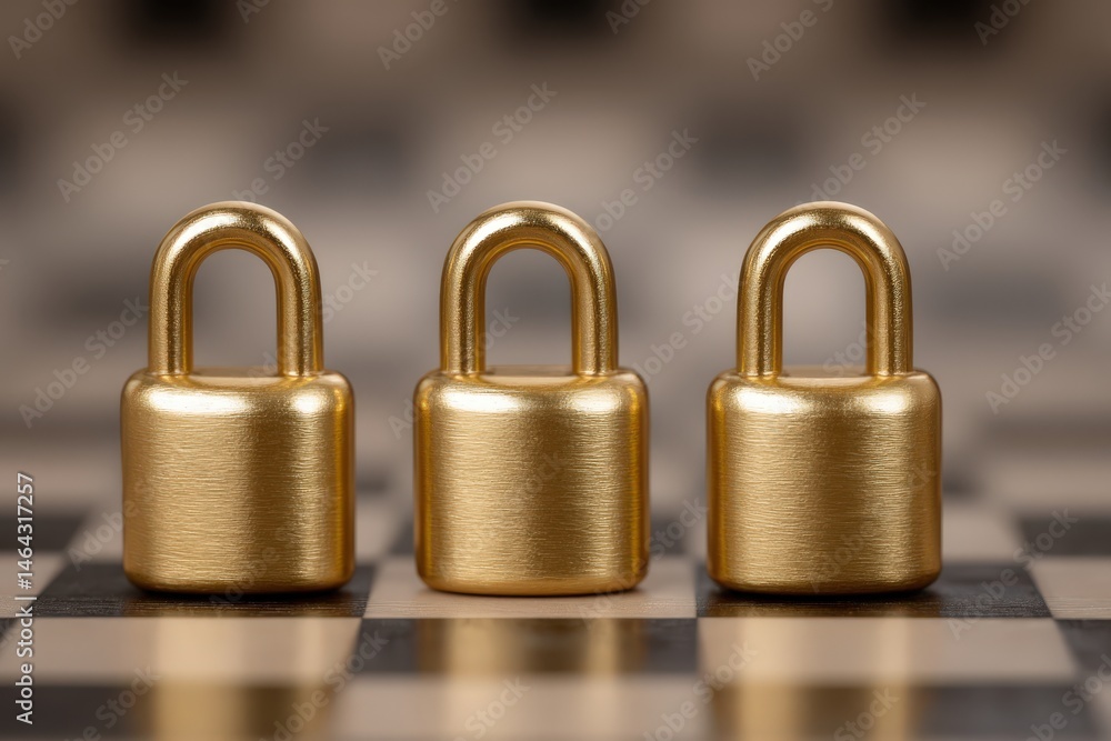 Poster golden padlocks positioned on a checkered board symbolizing security trust and safety in personal an