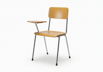 School desk chair with attached writing surface against white background