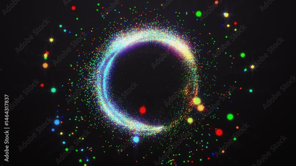 Poster brightly colored particles dance around a luminous circle, creating an engaging visual experience in