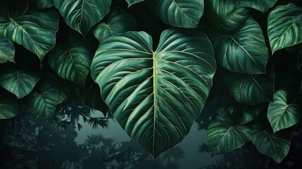 Fototapeta premium A group of dark-green monstera leaves with a large heart-shaped leaf at the center, surrounded by smaller leaves on a dark background.