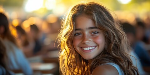 Fototapeta premium A girl with long hair is smiling at the camera