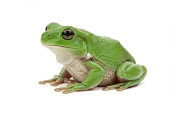 Obraz premium Green tree frog sitting on a white background, looking to the left