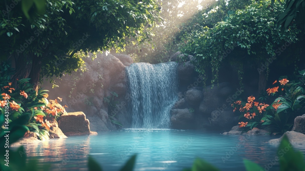 Poster hidden waterfall deep within the jungle, its cascading waters forming a sparkling pool below
