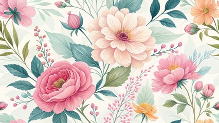 Elegant Watercolor Floral Pattern with Pink, Peach, and Cream Flowers and Leaves