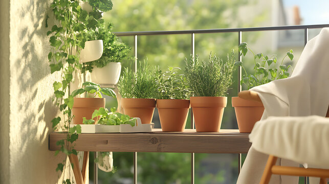 Balcony herb garden in terracotta pots on a wooden shelf, with leafy plants in white pots hanging above against a blurred green background.