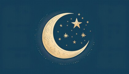Naklejka premium gold crescent moon with glowing stars on dark blue sky background for ramadan theme, perfect for web design, print, or spiritual branding