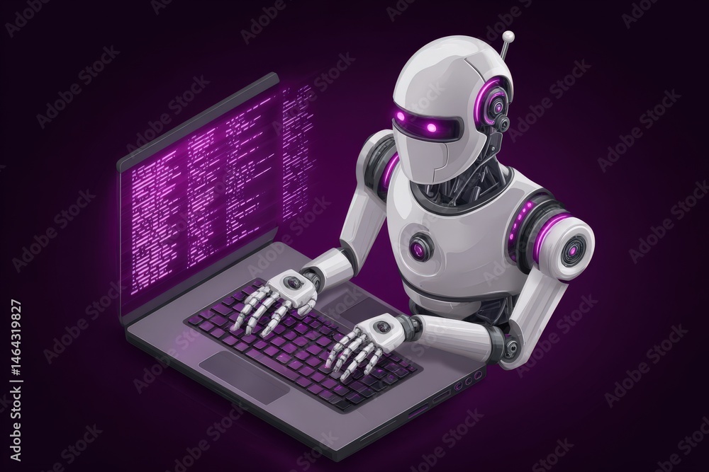 Poster innovative robotic figure engaged in coding on a laptop showcasing neon accents and digital interfac