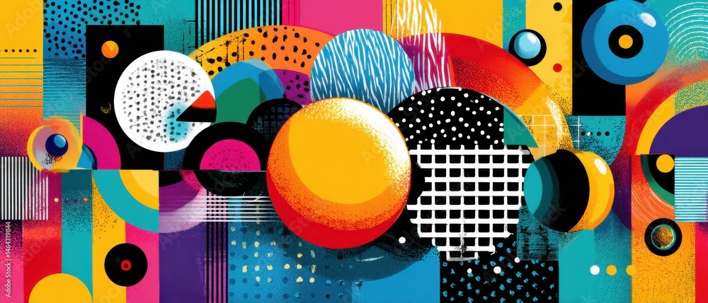 Poster vibrant abstract geometric art with colorful circles and patterns, creating a dynamic and modern bac