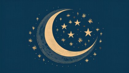 Fototapeta premium gold crescent moon with glowing stars on dark blue sky background for ramadan theme, perfect for web design, print, or spiritual branding