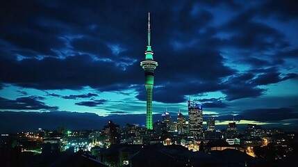 Obraz premium A nighttime cityscape featuring a tall illuminated tower among buildings under cloudy dark sky.
