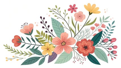 A beautiful colorful assortment of flowers and foliage in a stylized arrangement