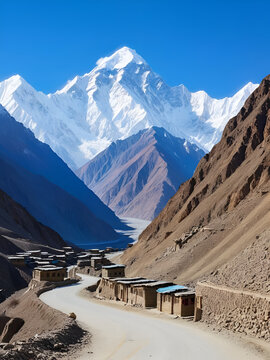Stunning landscape of tora bora road on k2  abandoned village against snow capped peaks and sky