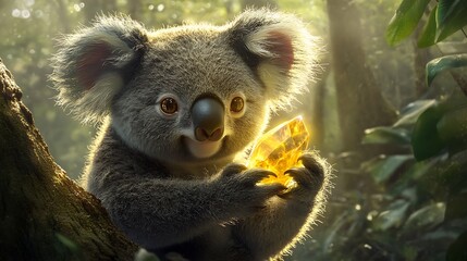 Obraz premium A cheerful koala holding a glowing crystal