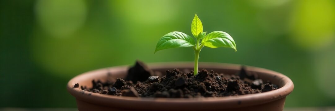 Single basil sprout emerging from soil in a pot, bright green ,  closeup,  botany