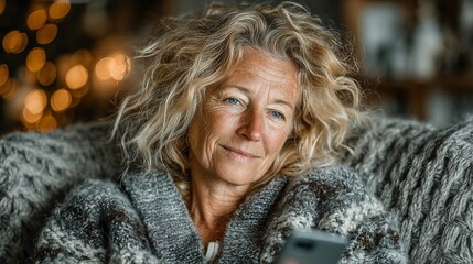 Cozy Senior Woman Using Smartphone at Home.