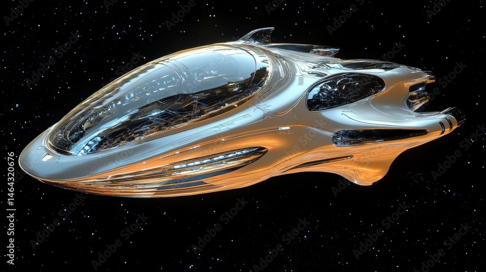 Poster a highly detailed 3d model of a futuristic spaceship, rotating slowly in space, demonstrating the pr