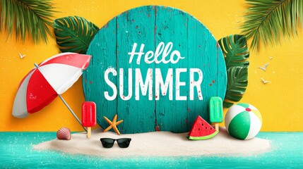 A beach scene with a blue background and a sign that says "Hello Summer"