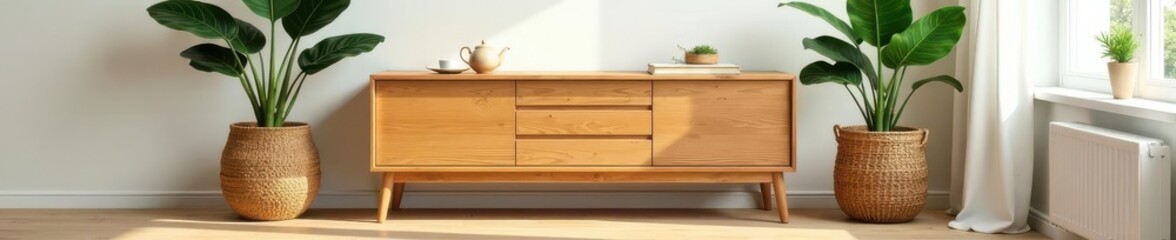 Stylish Scandinavian living room with wooden commode, rattan basket, plants, teapot & elegant accessories , Scandinavian, furniture, room decor