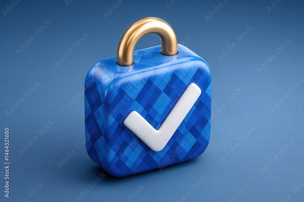 Poster digital security symbol represented by a shiny blue padlock with a metallic check mark conveying tru