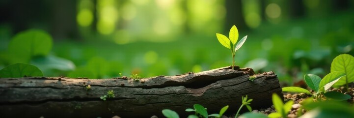 Obraz premium Tiny sprout emerges from decaying log in vibrant forest , background, spring, natural