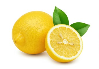Fresh lemons with leaves, one whole and one cut in half on white background