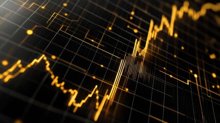 Abstract Golden Stock Market Chart on Dark Background, Financial Data Visualization