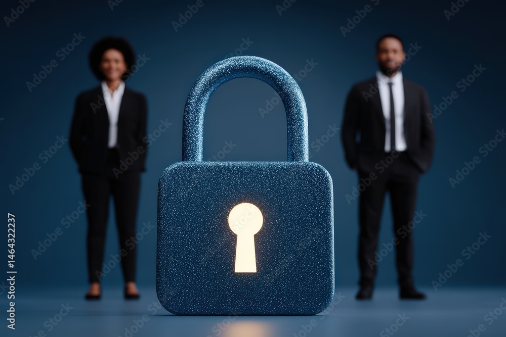 Poster two professionals standing in the background with a large blue padlock symbolizing security and conf