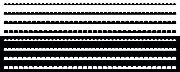 Scalloped edge seamless frills set. Vector illustration isolated on black and white background.